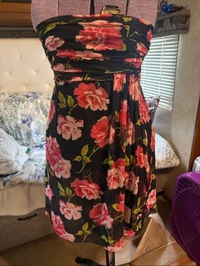 The Limited Black Strapless Floral Dress with Pink Roses